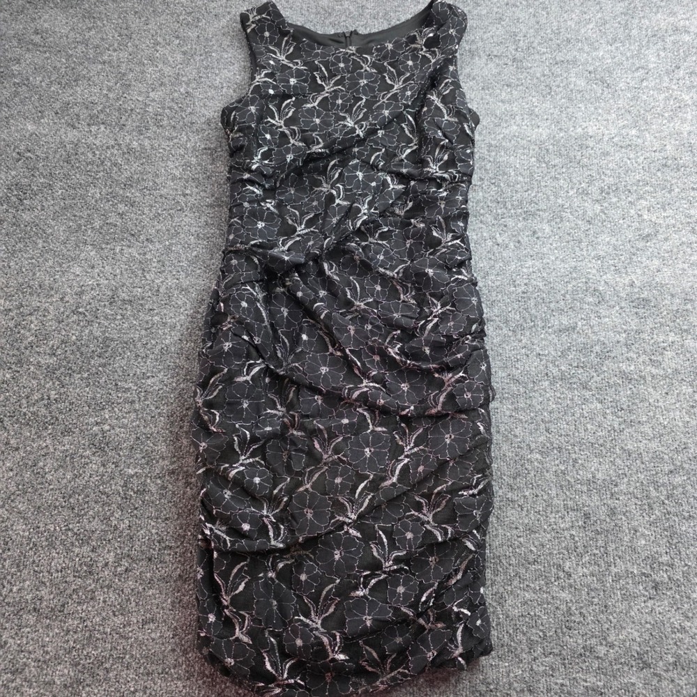 Scarlett‎ Nite Floral Lace Ruched Sheath Dress 6 Black Metallic Cocktail Evening